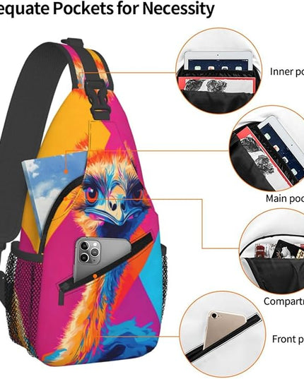 Animal Face Sling Bag Crossbody Bags Chest Bag Backpack for Travel Running and Hiking for Men Women Colorful Ostrich