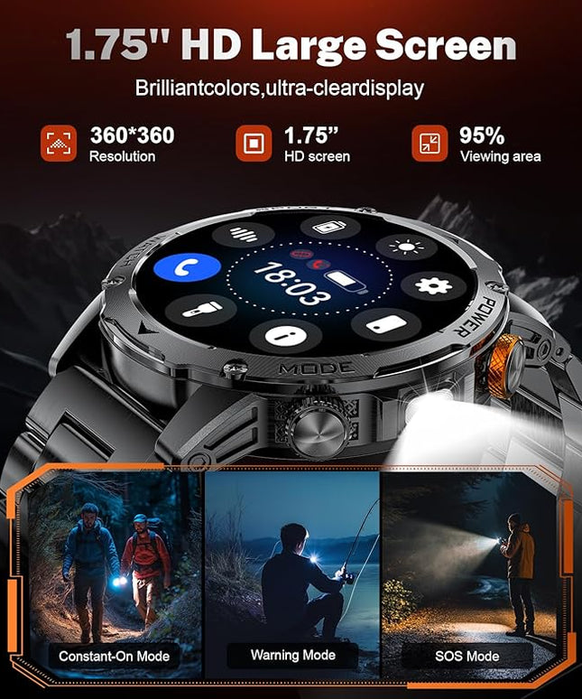 LIGE Smart Watch for Men (Make/Answer Calls) with 1000mAh, 1.75" HD Screen Smartwatch with Flashlight, Heart Rate/Sleep Monitor, IP68 Waterproof, 100+ Sports Modes for Android iOS, 3 Straps