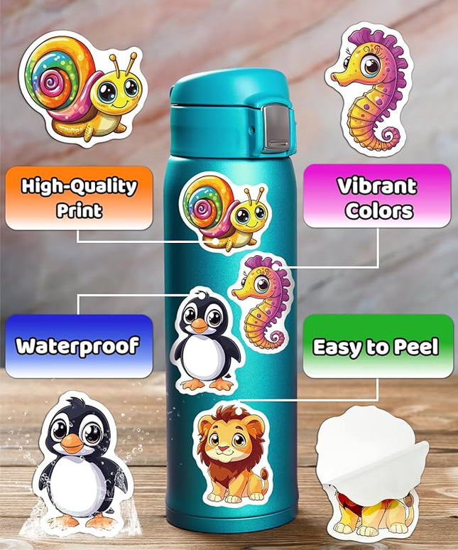 JCFIRE 200PCS Stickers for Kids, Waterproof Cute Mixed Animal Food Vinyl Scrapbook Stickers for Water Bottle, Book, Laptop, Goodie Bags Stuffers Kids Party Favors, Classroom Supplies Must Haves