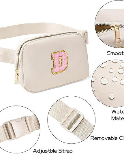 Gitus Belt Bag Fanny Pack Crossbody Bags with Initial Letter Patch Cute Stuff Birthday Gifts for Teenager Girls Trendy Preppy Stuff for Teen Girls(Beige-D)