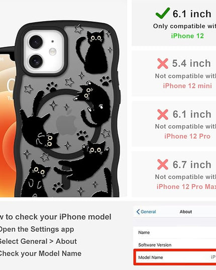 Cute Case for iPhone 12 Case [Compatible with MagSafe] with Kawaii Black Cats Cat Print Pattern Design for Women Girls, Soft Wavy Edge Anti-Slip Animal Magnetic Protective Phone Cover