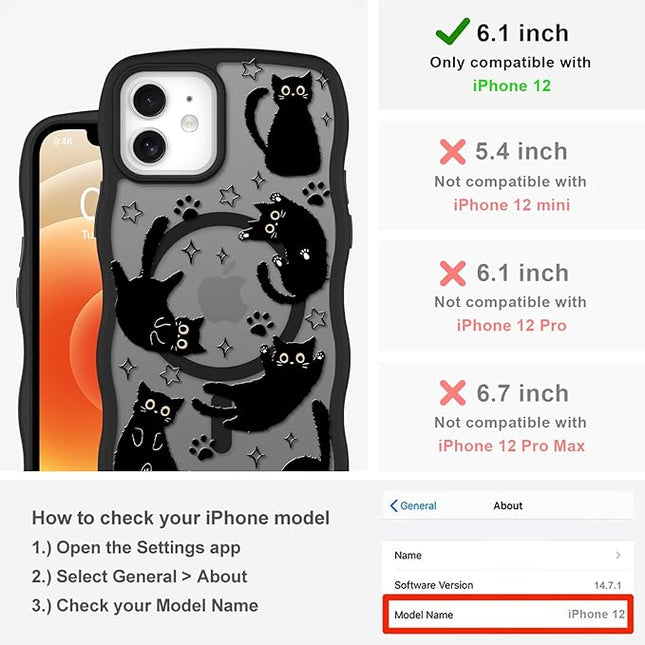 Cute Case for iPhone 12 Case [Compatible with MagSafe] with Kawaii Black Cats Cat Print Pattern Design for Women Girls, Soft Wavy Edge Anti-Slip Animal Magnetic Protective Phone Cover
