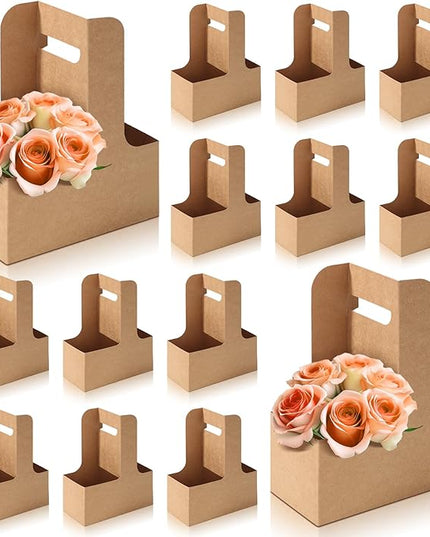 Bakbania 40 Pieces Flower Gift Bags 2 Cup Disposable Drink Carrier with Handle Floral Wrap Packing Bags for Birthday Wedding Party Gift Decor