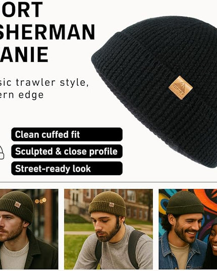 TOP-EX PolarWool™ 100% Merino Wool Fisherman Beanie Hat | Soft Single Layer Warm Short Sailor Trawler Cap for Men Women