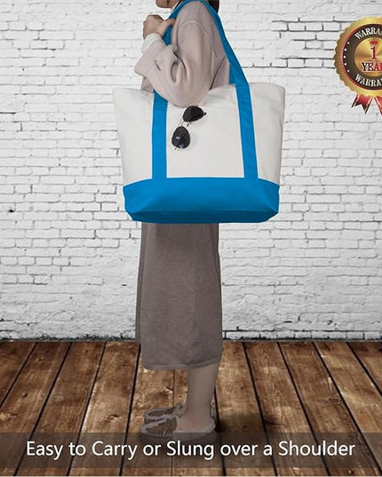 TOPDesign 6-Pack Canvas Tote Bags with an External Pocket, Reusable Grocery Shopping Bags, Top Zipper Closure, Daily Essentials (Ocean Blue/Natural)