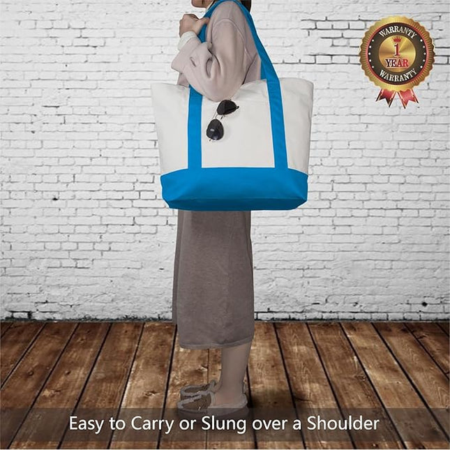 TOPDesign 3-Pack Canvas Tote Bags with an External Pocket, Reusable Grocery Shopping Bags, Top Zipper Closure, Daily Essentials (Ocean Blue/Natural)