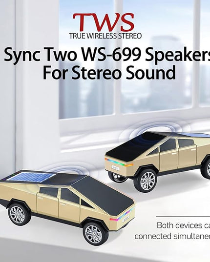 WS-699 Solar Bluetooth Replica Speaker – Future Pickup Truck Design, HD Sound, TWS Stereo Pairing, FM Radio, LED Party Light, USB/TF Playback, Hands-Free Mic, Type-C Charging, Portable Gift (Gold)