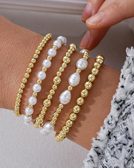 Gold Beaded Bracelets for Women, 14K Real Gold Plated Jewelry for Women Dainty Pearl Bead Bracelets Stack, Non Tarnish Trendy Stackable Ball Cross Stretch Bracelet Set Fashion Accessories Gifts