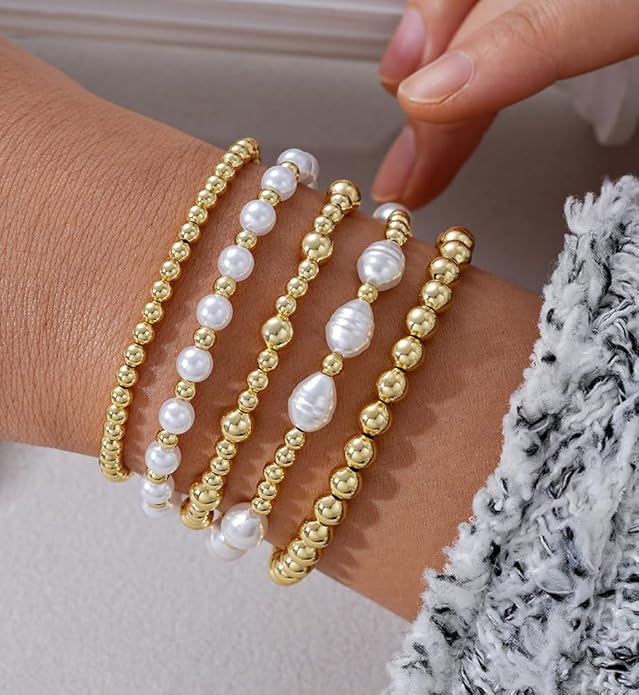 Gold Beaded Bracelets for Women, 14K Real Gold Plated Jewelry for Women Dainty Pearl Bead Bracelets Stack, Non Tarnish Trendy Stackable Ball Cross Stretch Bracelet Set Fashion Accessories Gifts