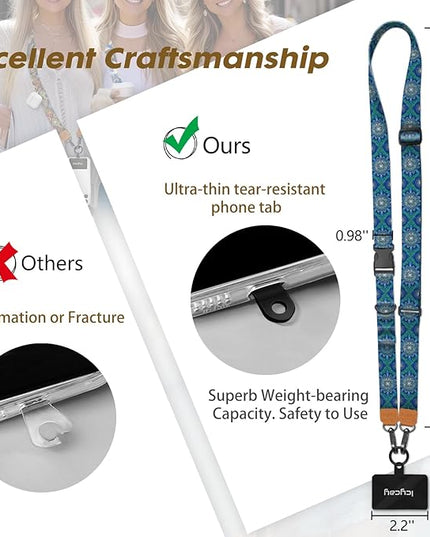 Phone Lanyard Crossbody, Boho Blue Cell Phone Strap for Around The Neck Adjustable, Anti Theft Cute Lanyard for iPhone Case ID Holder Keys Accessories Travel Essential
