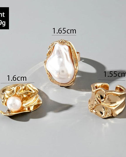 Chunky Gold Rings for Women Non Tarnish Statement Flower Ring Baroque Pearl Stackable Rings Set 6Pcs Chunky Jewelry