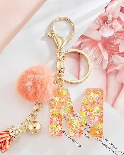 Resin Alphabet Initial Letter Keychain Keyring for Women Purse Handbags With Fur Ball Pom