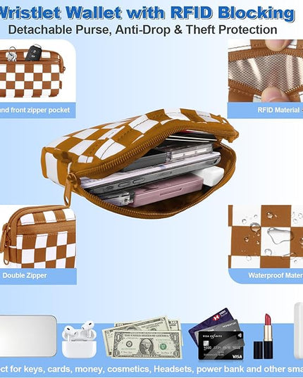 Clip and Go Strap for Phone with Wallet Crossbody, Adjustable Phone Lanyard with Detachable RFID Wristlet Wallet, Phone Strap with Phone Tabs for All Phones, Bronze Checkered (L)