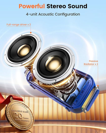Bluetooth Speaker Stereo 20W Loud Sound: 30H Playtime, IPX5 Water Resistant, Portable Wireless Speakers, Powerful Bass, Lightshow, Birthday Gifts for Men/Adults/Teens, Beach Vacation Essentials, Blue