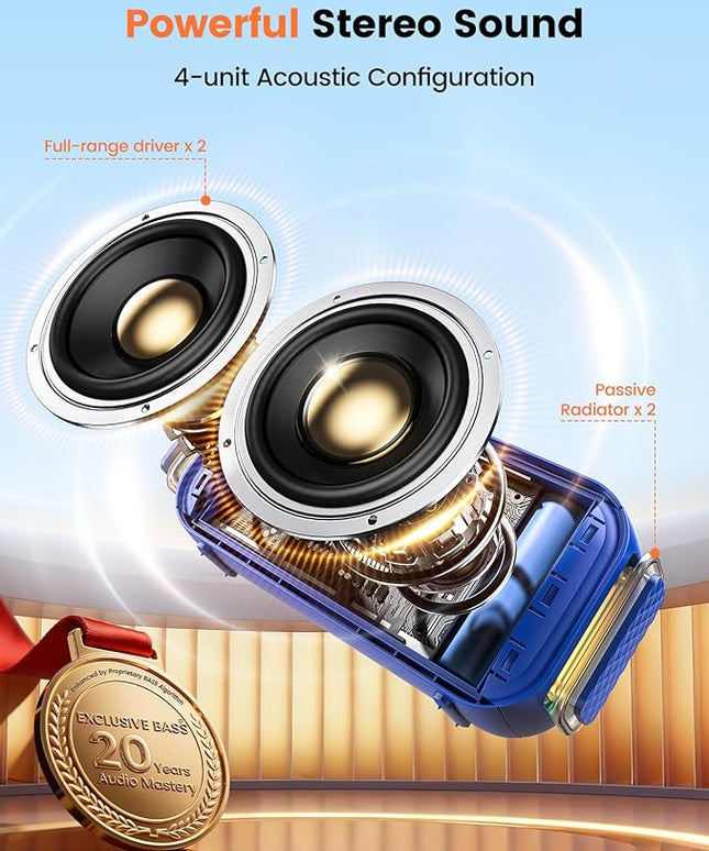 Bluetooth Speaker Stereo 20W Loud Sound: 30H Playtime, IPX5 Water Resistant, Portable Wireless Speakers, Powerful Bass, Lightshow, Birthday Gifts for Men/Adults/Teens, Beach Vacation Essentials, Blue