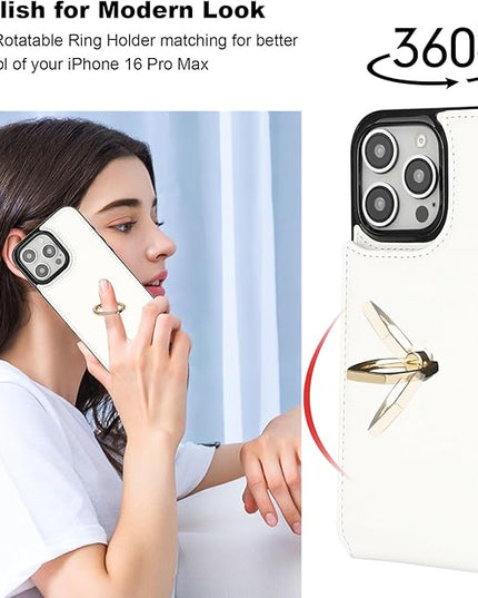 Folosu Compatible with iPhone 16 Pro Max Case Wallet with Card Holder, 360°Rotation Finger Ring Holder Kickstand, RFID Blocking Leather Protective Double Buttons Shockproof Cover 6.9 Inch White