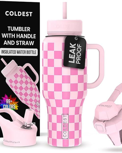 Coldest Tumbler with Handle and Straw - 100% Leak Proof Insulated Tumbler with Lid and Straw (3 Lids) - Stainless Steel Tumblers for Women & Men - Cup Holder Friendly Base, 36 oz (Pink Checkers)