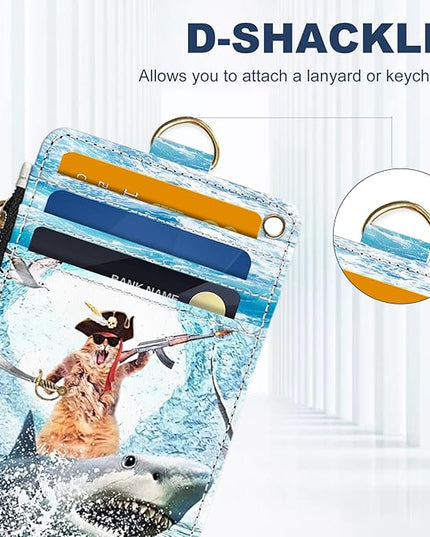 Slim Wallet Credit Card Holder, Sharks and Cats, RFID Wallet Women Cute Small Front Pocket Wallet With Zipper, PU Leather Thin travel RFID Blocking Card Case ID Window,Ladies Gifts