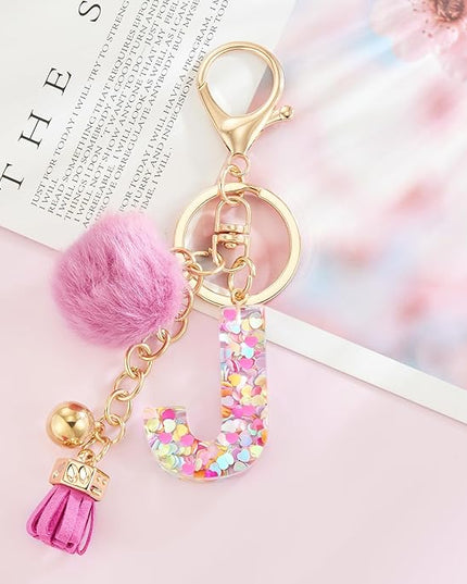 Resin Alphabet Initial Letter Keychain Keyring for Women Purse Handbags With Fur Ball Pom