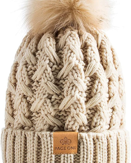 PAGE ONE Womens Winter Ribbed Beanie Crossed Cap Chunky Cable Knit Pompom Soft Warm Hat