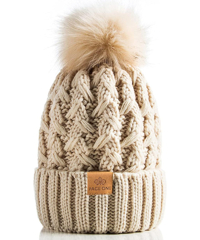 PAGE ONE Womens Winter Ribbed Beanie Crossed Cap Chunky Cable Knit Pompom Soft Warm Hat