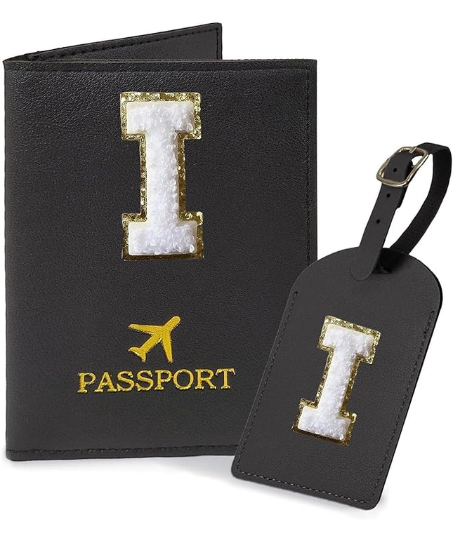 COSHAYSOO Black Passport Cover and Luggage Tag Set TSA Approved with Her Initial Chenille Letter Patch, Trendy Travel Bag Backpack Suitcase Identifier Gifts for Daughter Mother Sister in Law (I)