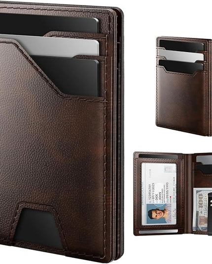 typecase Leather Wallet for Men Card Holder: Premium Genuine Leather, RFID Blocking, Slim, Minimalist, Front Pocket - 15 Cards Capacity | ID Window | Money Clip (Deep Brown)