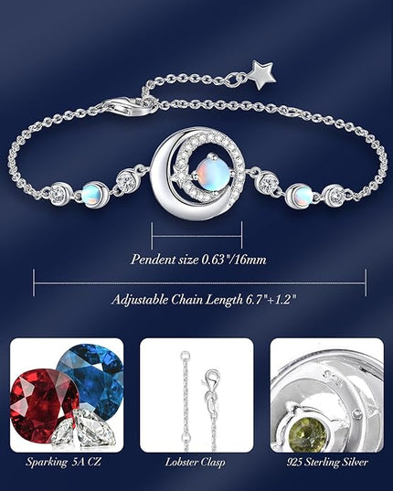 FANCIME Birthstone Bracelets 925 Sterling Silver Moon and Star Bangle Charm Bracelet Fine Jewelry Birthday Anniversary Christmas Day Gift for Her Women, Adjustable Chain 6.7"+1.2" Extend