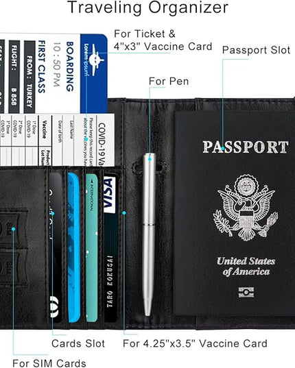 WALNEW Passport Holder for Travel, RFID Passport Cover Wallet for Women Men, PU Leather Passport Book Card Holder Case with Pen, Travelling Essentials for Flying