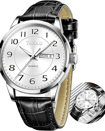 Mens Leather Watch Large Face Classic Quartz Mens Analog Watches Luxury Dress Watches for Men Waterproof Men's Wrist Watch Easy Read with Date Number Dial Relojes para Hombre