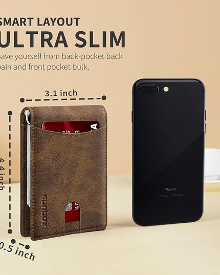 RUNBOX Slim Wallet for Men Genuine Leather RFID Blocking Bifold Minimalist Front Pocket Mens Wallet with Money Clip Thin Gift Box