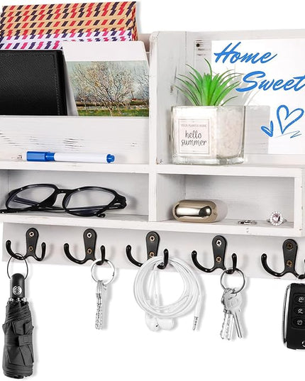 ClyraStor Key Holder Wall Mount, Mail Organizer Wall Mounted, Solid Wood Key Holder for Wall Living Room Entryway Home Decor, with 10 Key Hooks, Shelf, Marker Pen, 2 Installation Methods, 15" x 10"