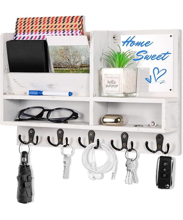 ClyraStor Key Holder Wall Mount, Mail Organizer Wall Mounted, Solid Wood Key Holder for Wall Living Room Entryway Home Decor, with 10 Key Hooks, Shelf, Marker Pen, 2 Installation Methods, 15" x 10"