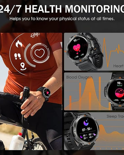 Military Smart Watch for Men with LED Flashlight 1.45” Rugged 3ATM Waterproof Smart Watch with 100+ Sports Modes Fitness Tracker with Heart Rate Sleep Monitor Tactical Smartwatch for iPhone Android