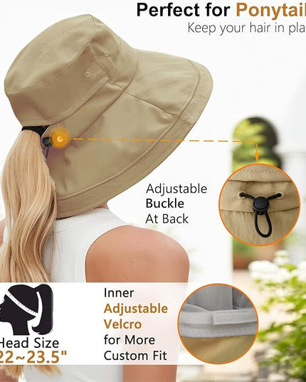 Sun Hats for Women, Wide Brim Waterproof Bucket Hat, Summer Beach Packable Ponytail Hat,UPF 50+ UV Protection