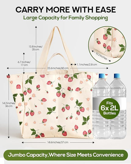 Large Canvas Grocery Tote Bag - Reusable Extra Large Shopping Shoulder Bags with 6 Inner Pockets & 2 Handle Strap