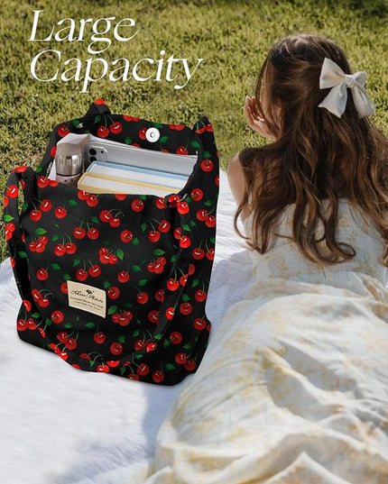 Aesthetic 2 Pack Corduroy Tote Bag - with Makeup Pouch Bag for Women Reusable Grocery Bag for Gym, Travel, Work