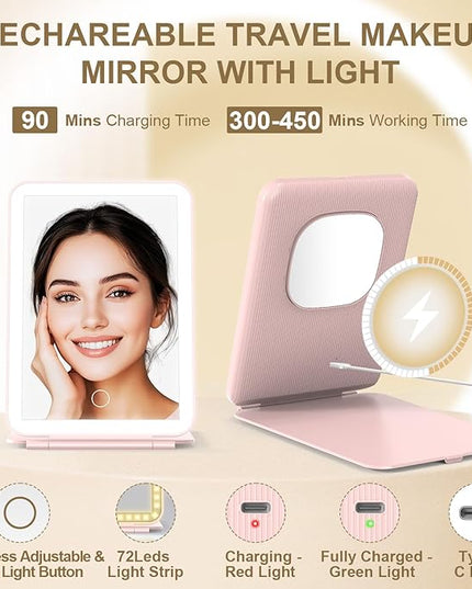 LED Foldable Travel Makeup Mirror - 5x6 inches3 Colors Light Modes USB Rechargeable Touch Screen, Portable Tabletop Cosmetic Mirror for Travel, Cosmetic, Office (Pink)