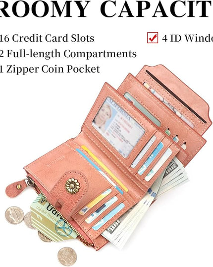 Blucoay Wallet Women,RFID Blocking Leather Womens Wallet Bifold Compact Card Holder Small Wallet for Women with Removable ID Window Pink