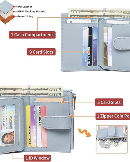 GAEKEAO Womens Wallet Small Leather RFID Blocking Bifold Zipper Pocket Wallet Card Case Purse with ID Window