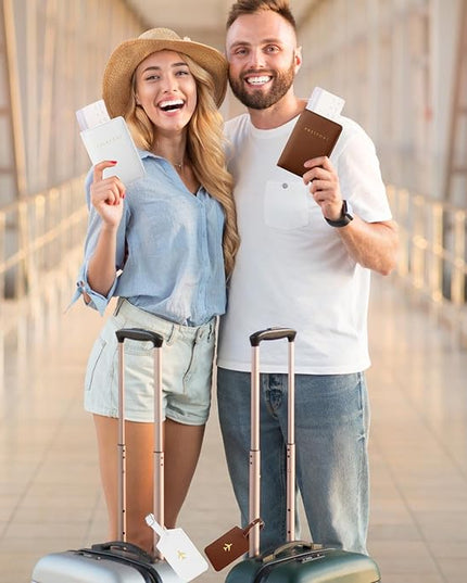 Weewooday 2 Set Mr and Mrs Passport Covers Holder and Luggage Tags Cute Leather Wallets Holder Travel Luggage Tags for Women Men Gift(White, Brown)