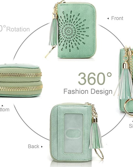 APHISON RFID Credit Card Holder Zipper Card Case Small Wallets for Women Leather Sunflower Style Ladies Girls Credit Card Case Double-Zip Peppermint-Mambo-Green
