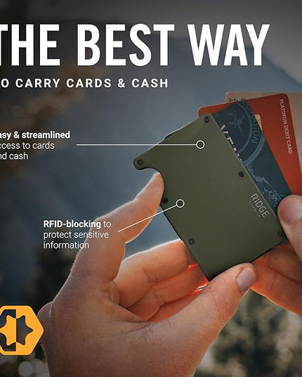 The Ridge Wallet for Men - Slim Minimalist Compact Wallet and Card Holder, RFID Protected Front Pocket Wallets with Integrated Cash Strap (Matte Olive Titanium)
