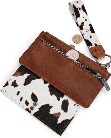 Montana West X Wrangler Cow Print Wallet for Women Ladies Female Card Cases & Money Organizers Wristlet with Wallet Large Clutch with Coin Purse Smooth Zipper and Rfid Lining