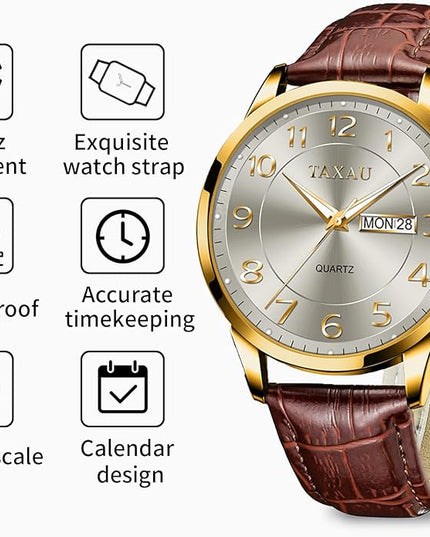 Mens Leather Watch Large Face Classic Quartz Mens Analog Watches Luxury Dress Watches for Men Waterproof Men's Wrist Watch Easy Read with Date Number Dial Relojes para Hombre