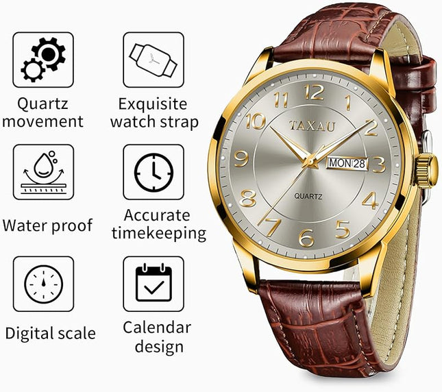 Mens Leather Watch Large Face Classic Quartz Mens Analog Watches Luxury Dress Watches for Men Waterproof Men's Wrist Watch Easy Read with Date Number Dial Relojes para Hombre