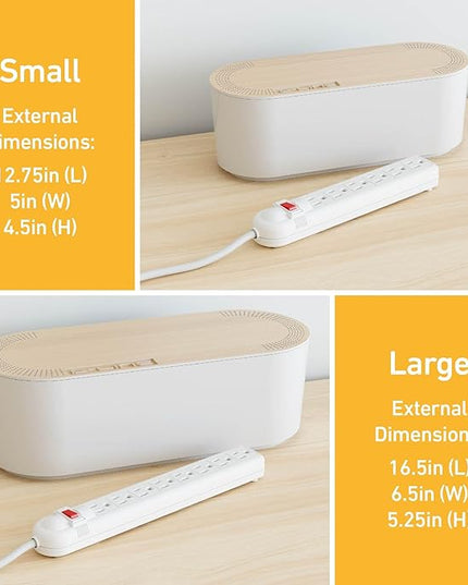 D-Line Cable Management Box, Power Strip Holder, Floor Outlet Hiders, Desk Cord Organizer, Cover TV Wires, Wire Storage, Extension Hider, Office Concealer for Cords - Large, Wood-Effect Lid
