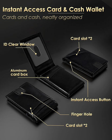 QLD Wallet for Men - RFID Blocking [Functional & Practical] Bifold Slim Minimalist Credit Card Holder Pop Up Metal Case with Cash Slot, Front Pocket with ID Window, Gift Boxed (BLACK)