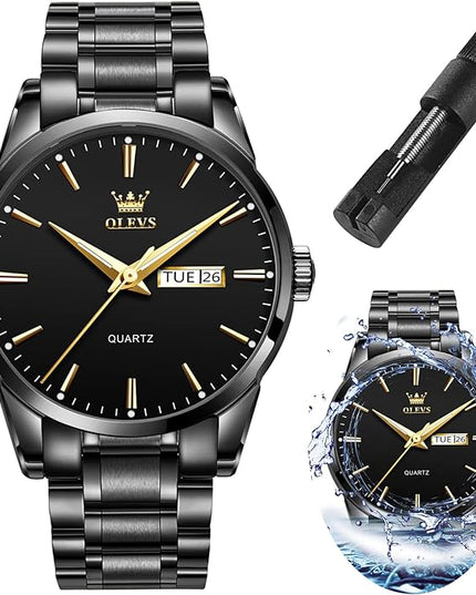 OLEVS Men's Luxury Watch Waterproof Luminous Easy Read Chronograph Watches Full Gold/White Dail/Black Face with Calendar Wristwatch
