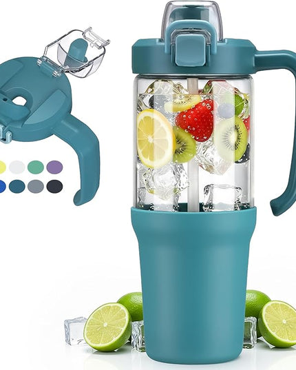 32oz Glass Water Bottle, 2-in-1 Straw and Sip Spout Lid, Leakproof Wide Mouth Tumbler with Handle, BPA-Free Reusable Bottle for Sports, Office, Outdoor, Peacock Blue